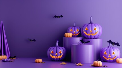 Wall Mural - Concept of Halloween holiday: Products displayed on purple podiums or pedestals.