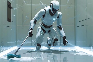 Humanoid Robot Mopping Floor With Mop In Kitchen, robot, floor, ai, artificial, mop, intelligence, code, cleaner, tech, machine, cleaning, technology, future, janitor, 4, 0, male, industry