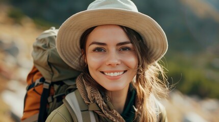 Wall Mural - A woman wearing a hat and a backpack is smiling