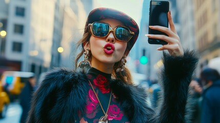 Wall Mural - A woman is taking a selfie with her cell phone while wearing sunglasses