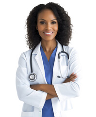 Wall Mural - Portrait of smiling African-American female doctor with white lab coat and stethoscope, transparent background, cut out