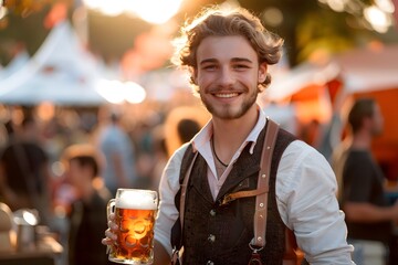 Oktoberfest Tradition. Beauty man wearing traditional clothes and holding beers at the festival. Sunset. German culture and celebration concept.