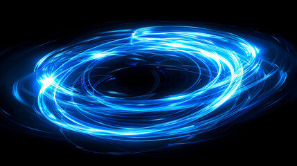  Ethereal Blue Glowing Rings on a Dark Background with Dynamic Spiral Energy Loops and Fluid Light Effects for a Captivating Visual Display
