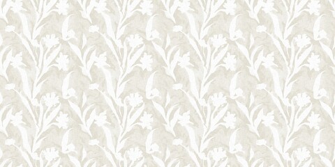 Wall Mural - Seamless french gender neutral floral linen printed fabric border background. Light mottled white on grey cottage core block print pattern. Shabby chic woven duotone cloth effect. 