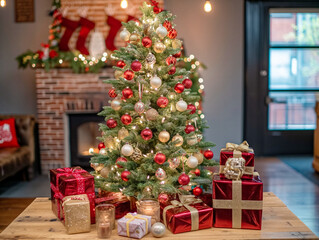 Wall Mural - A Christmas tree with red and gold ornaments sits on a table next to a pile of presents