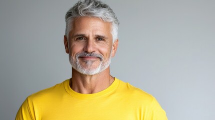 Close up of mature man with white skin, grey short hair, wavy hair and a clear yellow t shirt, isolated in a light grey studio. Portrait person