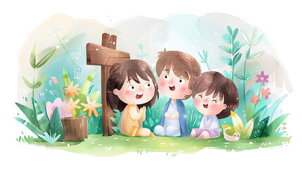 Three happy children playing near wooden signboard surrounded by flowers plants and grass field childhood friendship happiness playful kids enjoying springtime nature digital art illustration