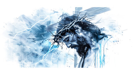 Jesus Christ wearing crown of thorns with blue color artistic abstract background christianity faith religion god spirituality religious symbol bible gospel hope love prayer heaven holy easter savior