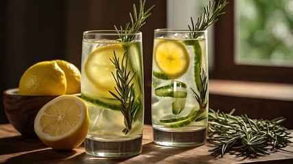 lemonade with lime and mint  served over ice, garnished with fresh mint leaves.