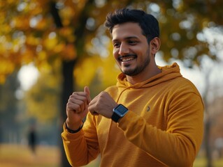 A person in a bright yellow hoodie holds a smartphone, looking down at the screen