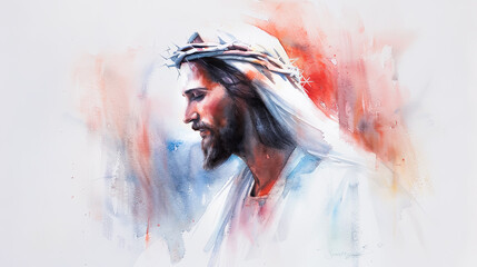 Watercolor painting of Jesus Christ with crown of thorns faith Christianity religion God savior holy spirit religious art