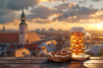 Wall Mural - Beer and salted pretzels on wooden background