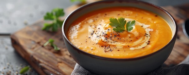 Wall Mural - Velvety smooth butternut squash soup with a hint of nutmeg, 4K hyperrealistic photo