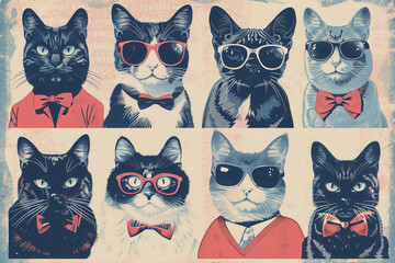 Wall Mural - A series of cats wearing sunglasses and bow ties