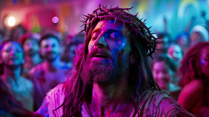 Wall Mural - Man with crown of thorns religion spirituality faith prayer neon lights festival crowd people celebration psychedelic colorful vibrant colors faith belief