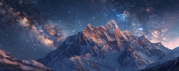 Wall Mural - Snow-capped peaks illuminated by the soft glow of the Milky Way, 4K hyperrealistic photo