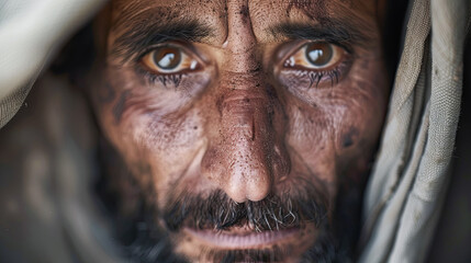 A closeup portrait of a man with striking brown eyes His face weathered and worn reflecting years of hard work and hardship The image evokes a sense of resilience hardship wisdom and the passage