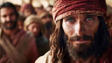 A bearded man in a headscarf with a crowd behind him faith spirituality religion prayer hope savior messiah christianity belief jesus god