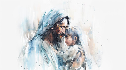 Watercolor painting Jesus Christ love child faith Christianity Christian religion God spiritual hope bible gospel religious