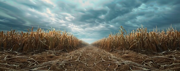 Wall Mural - Rows of cornstalks stretching towards the horizon under a cloudy sky, 4K hyperrealistic photo