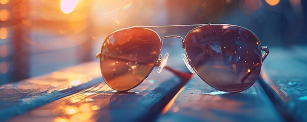 Pair of stylish sunglasses on a table, 4K hyperrealistic photo