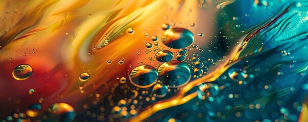 Wall Mural - Oil and water mixture creating colorful swirls and bubbles, 4K hyperrealistic photo