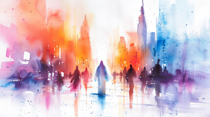 Jesus christ walking through city watercolor art faith hope christianity religion god spiritual jesus savior love christian belief bible gospel faith jesus christ abstract background illustration