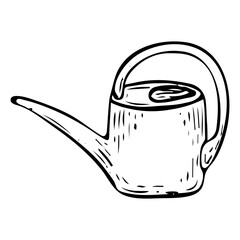 A watering can for watering flowers, hand drawn in doodle style. Hobby gardening. Water tool with handle and long spout. Vector line art illustration.