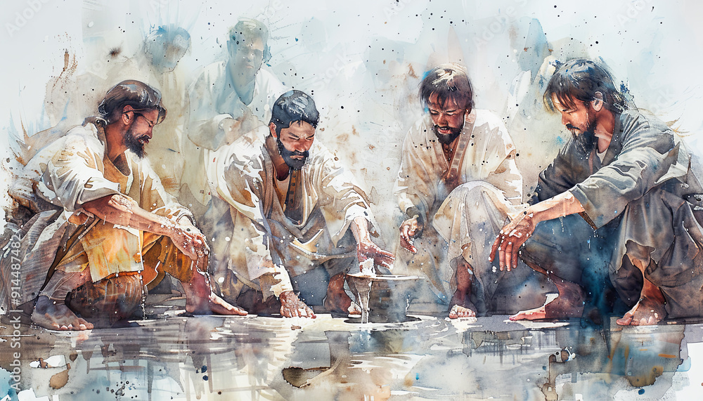 Watercolor painting depicting Jesus and his disciples faith ...