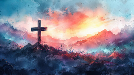 Christian cross silhouette on mountain sunrise background faith religion hope Jesus Christ God watercolor painting illustration