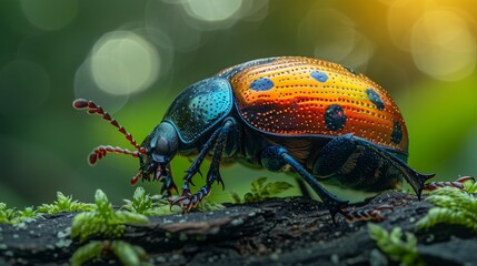 Macro shot of a colorful beetle on a leaf - generative ai