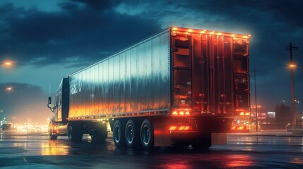 Semi Truck on a Wet Road at Night