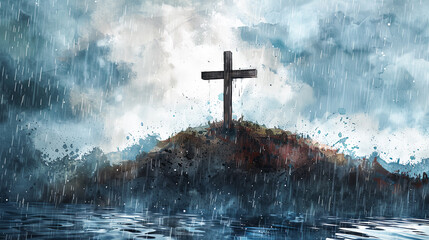 wooden cross on hill rain water faith religion religious christian christianity god jesus christ hop