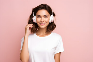 Wall Mural - woman listening to music with headphones wearing white shirt over pink background