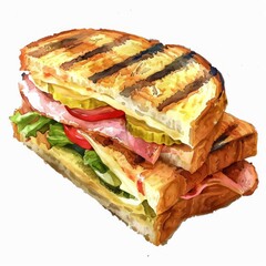 Cuban sandwich, pressed and grilled, watercolor style, isolated on white background