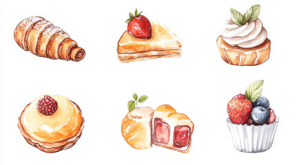 Hand-painted watercolor illustrations of various pastries, showcasing delicious desserts like cupcakes, croissants, and fruit tarts.
