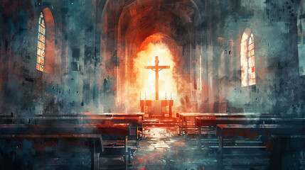 Digital art painting of an abandoned church inside with stained glass cross religion god heaven faith benches aisle rows architecture spiritual holy building interior design christianity jesus