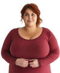 Portrait of young plus-size Caucasian woman wearing burgundy shirt and smiling, transparent background, cut out