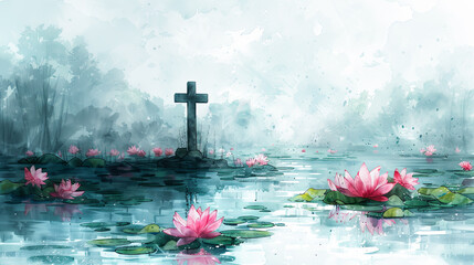 Watercolor painting cross lilies lake nature landscape peaceful serene faith spiritual religious hope heaven god jesus christ scenic water reflection bloom blossom tranquil art artwork background