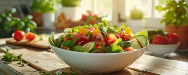 Wall Mural - Delicious bowl of salad with vinaigrette, 4K hyperrealistic photo