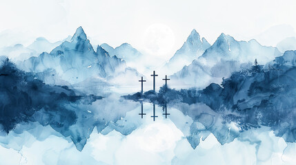 Christian cross over mountains landscape background faith religion watercolor illustration art good friday easter Sunday concept