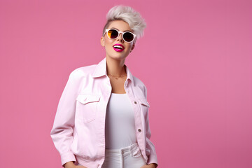 Canvas Print - model wearing sunglasses over pink background