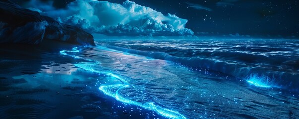 Wall Mural - Bioluminescent plankton illuminating the ocean at night, 4K hyperrealistic photo