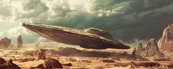 Alien spacecraft landing on a desolate desert planet, 4K hyperrealistic photo