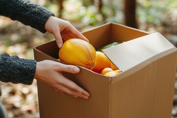 Sticker - Person Carefully Selecting Fresh Produce From a Cardboard Box in a Sunlit Outdoor Location