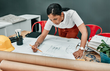 Poster - Blueprint, architecture and woman at desk with ideas, process and project management in creative development. Writing, property and designer in office for planning, engineering and pencil drawing