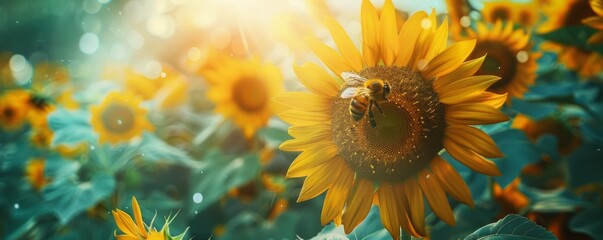 Wall Mural - Vibrant sunflower field with a bee collecting pollen from a flower, 4K hyperrealistic photo