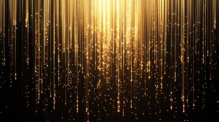 Elegant gold vertical lighting lines with sparkle on dark background, ideal for luxury design projects with copy space.
