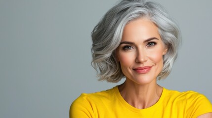 Close up of mature woman with white skin, grey short hair, wavy hair and a clear yellow t shirt, isolated in a light grey studio. Portrait person.