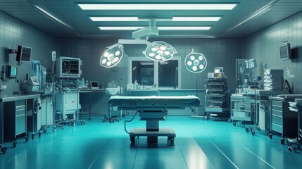 A sterile, empty surgical operating room with medical equipment and supplies prepared for a procedure